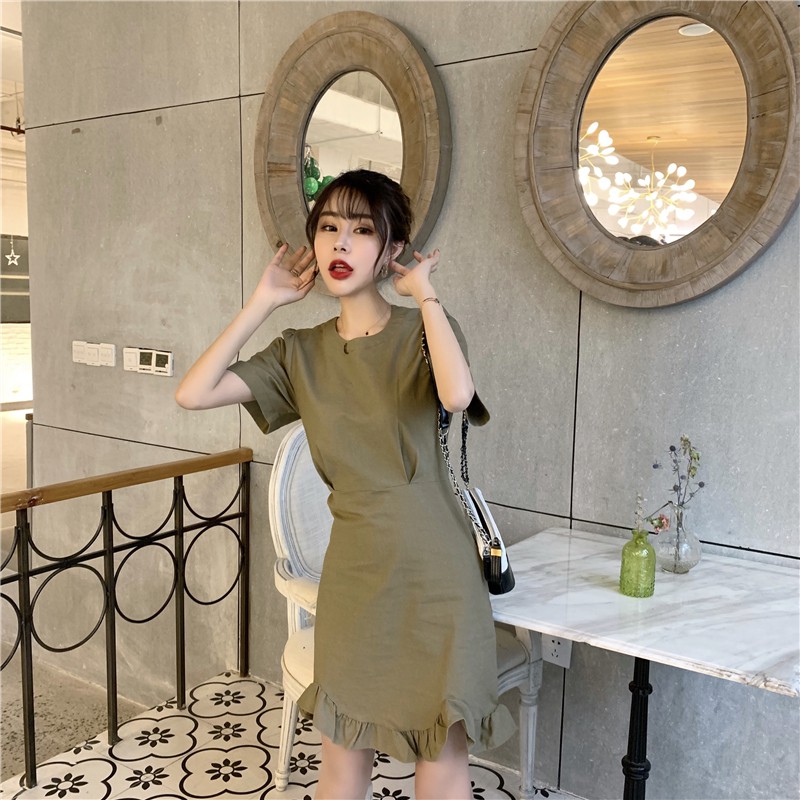 Đầm ngắn tay màu trơn đơn giản thiết kế lưng cao phong cách Hàn Quốc cho nữ | BigBuy360 - bigbuy360.vn