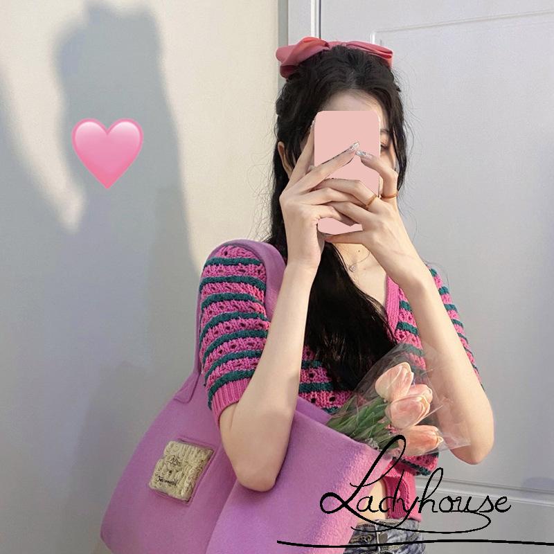 Áo cardigan dệt kim tay ngắn cổ chữ V cài nút họa tiết kẻ sọc thanh lịch cho nữ