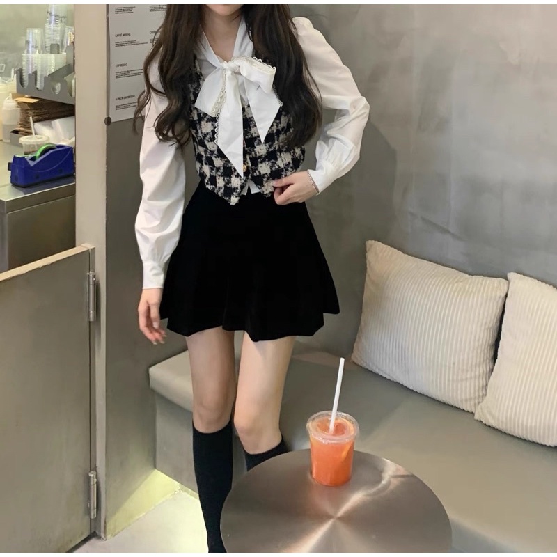 Set Dạ 3 Món Áo Gile Kẻ + Chân Váy Nhung Siêu Xinh Có Ảnh Thật Kèm Video