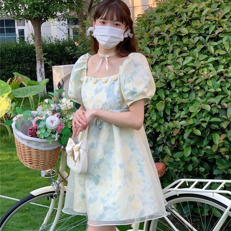 Đầm Chữ a Cổ Vuông Tay Phồng Mẫu Mới Ngọt Ngào Cho Nữ