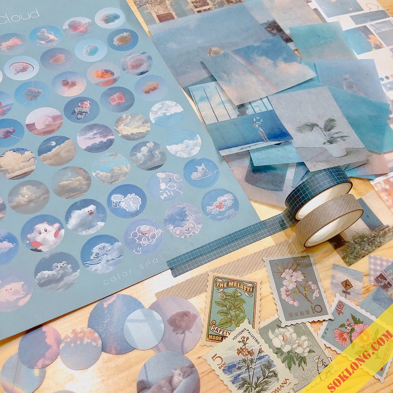 Trọn bộ trang trí Bullet journal Blue gồm sticker, washi tape tông xanh dương Luv107