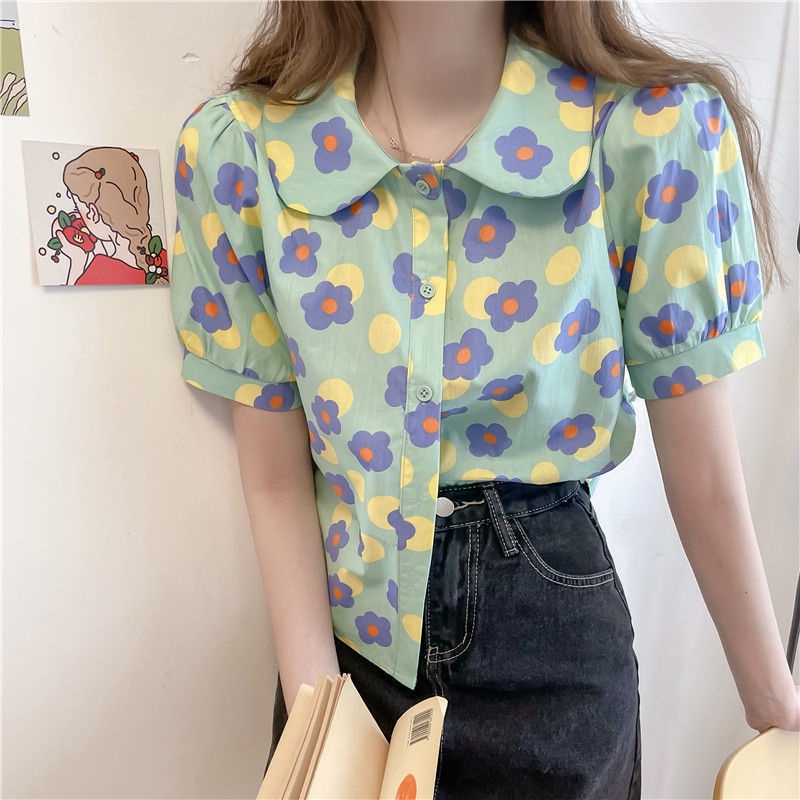 Áo sơ mi tay ngắn phồng cổ chữ V thiết kế mới thời trang mùa hè thanh lịch cho nữ