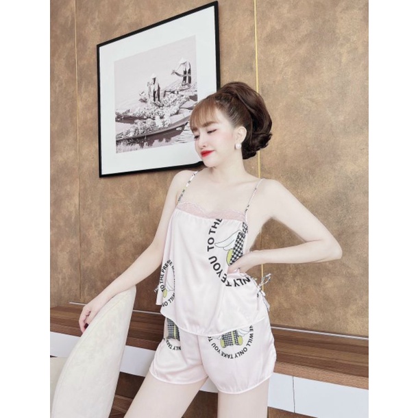 Bộ lụa hai dây nơ đùi phối ren họa tiết xinh xắn