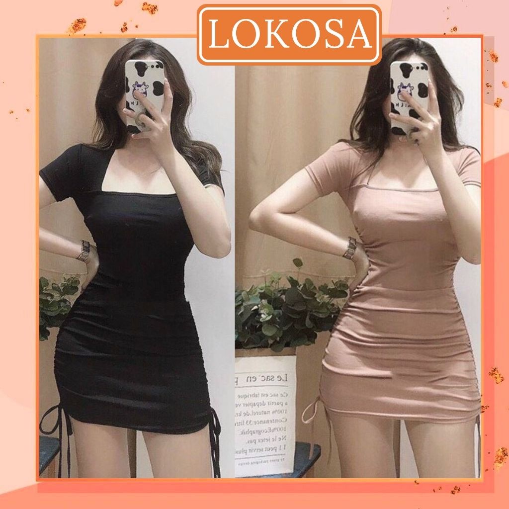 Đầm Body Sexy LOKOSA Váy nữ Dự tiệc thiết kế bó nhún rút dây ngắn ôm eo sang chảnh 3 màu Đen Trắng Nâu VD048