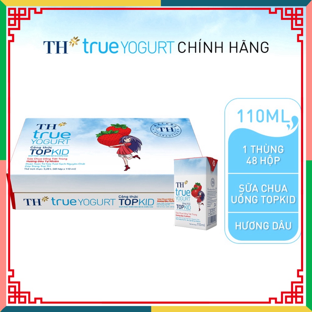 Thùng 48 hộp hộp sữa chua uống khử trùng TOPKID hương dâu đương nhiên TH True Yogurt 110ml (110ml x 48) ( Đại lý Ngọc To
