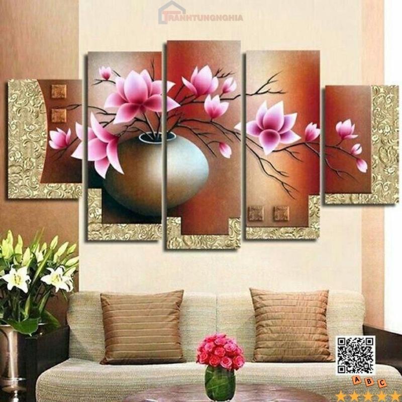 Tranh đính đá, tranh thêu chữ thập hoa sen bộ 5 bức