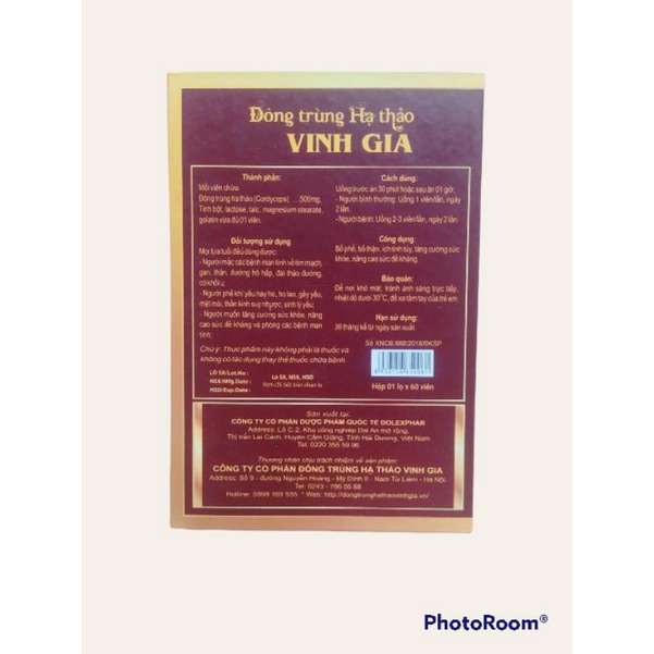 Đông trùng hạ thảo Vinh Gia hộp 1 lọ x 60 viên giúp tăng sức đề kháng, tăng sức khoẻ tổng hợp