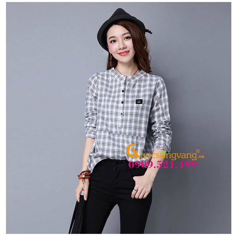 Áo nữ áo sơ mi nữ cổ tròn dài tay cúc cổ kẻ carô gai pha bông GLA046 kẻ trắng Cuocsongvang