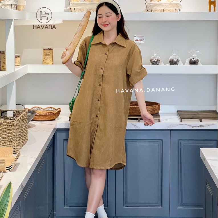 Đầm sơ mi nhung tăm khuy gỗ, sơ mi tay ngắn vạt bèo form rộng nhiều màu