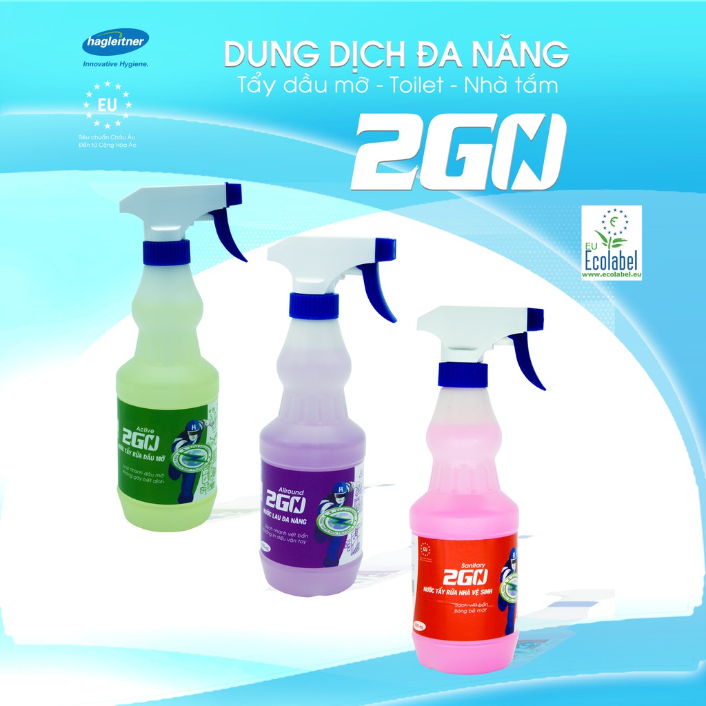 COMBO 3 CHAI TẨY RỬA 2GO: NƯỚC TẨY RỬA DẦU MỠ ACTIVE 2GO, NƯỚC LAU KÍNH ALLROUND 2GO, VỆ SINH TOILET SANITARY 2GO