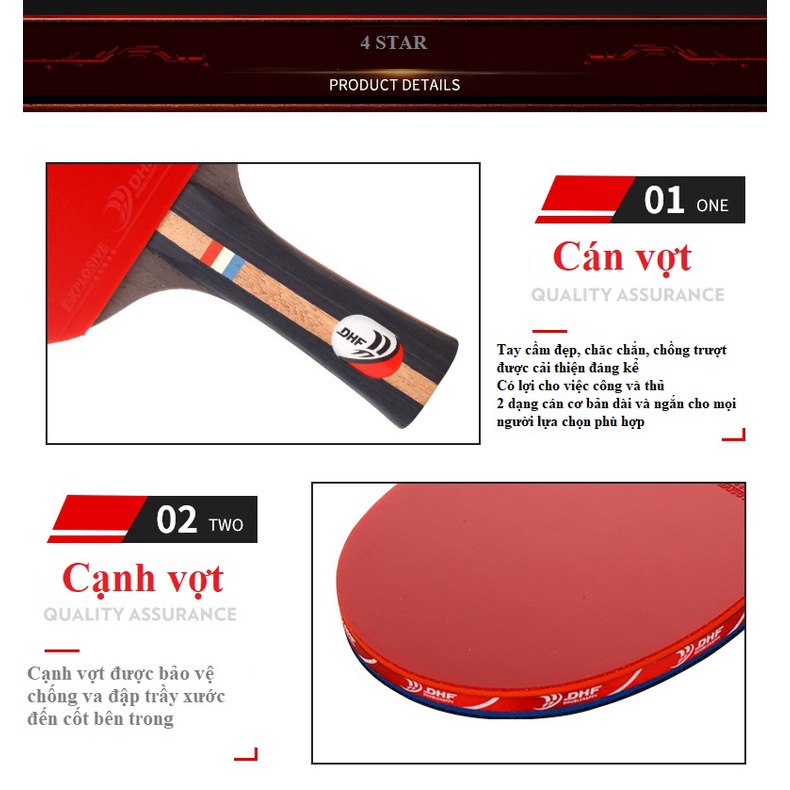 Vợt bóng bàn 4 sao DHF 7 lớp gỗ dương cán dài, ngắn tặng kèm 1 túi 3 bóng A018