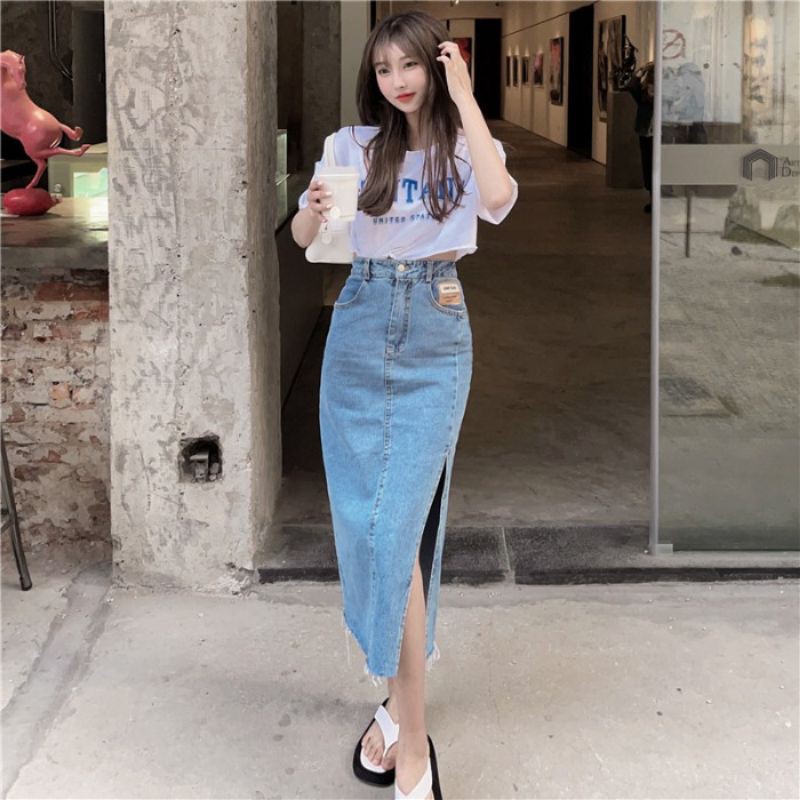 Chân váy jeans dài xẻ tà có bigsize