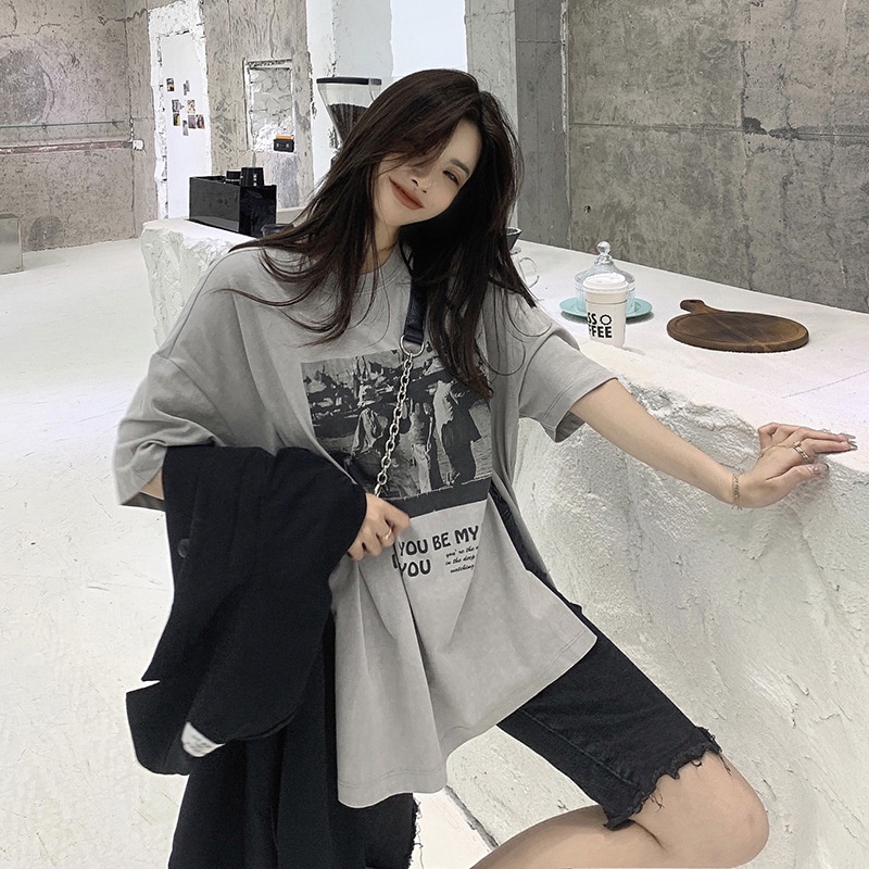 Áo Thun Cotton Xám Tay Lửng Thiết Kế Xẻ Tà Thời Trang Mùa Hè Phong Cách Mỹ Mới Cho Nữ