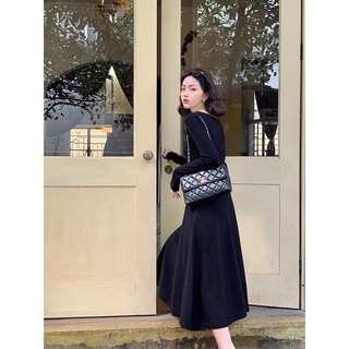 Váy Xoè Cổ Vuông Dáng Dài Bo Eo Chất Zip Co Giãn, Đầm Xoè Dài Tay 2 Màu Nâu/ Đen