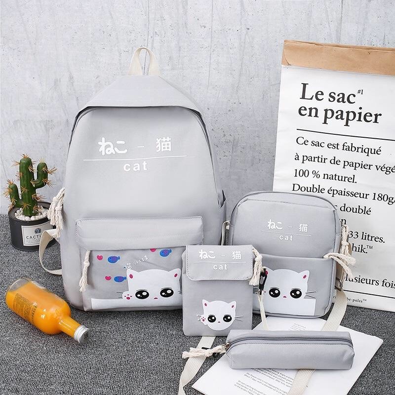 Combo 4 Món Balo Túi Xách Túi Đeo Mini Và Bóp Viết Hình Mèo Nằm