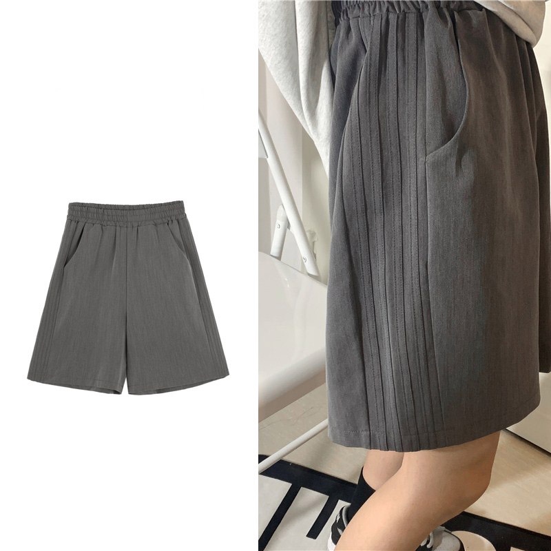 Quần Sọt Lưng Cao Dáng Rộng Hoạ Tiết Kẻ Sọc Phong Cách Hàn Quốc