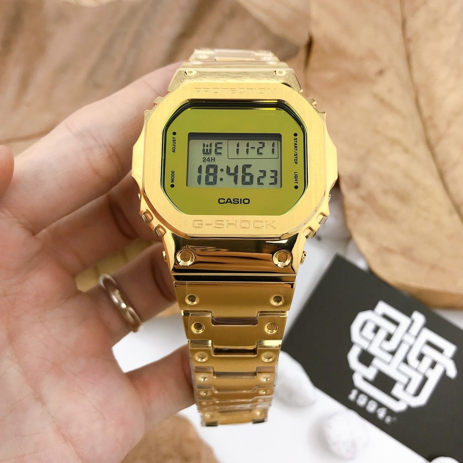 Đồng hồ nam Casio G-SHOCK DW-5600 / DW-5600BBMB-1 custom dây &amp; vỏ thép màu gold, chống nước 200m, hàng chính hãng