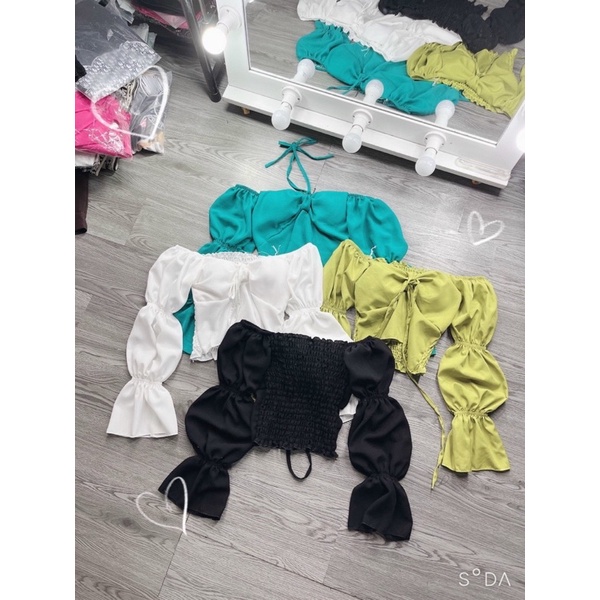 Áo Croptop Tay Dài Bồng Cúp Mút Ngực Rút Ngực Cột Dây 4 Màu Tự Chụp