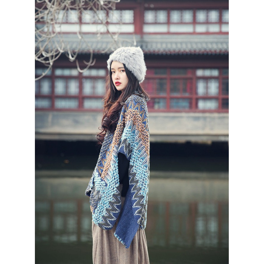 Cardigan len dáng choàng cape tông xanh xám - MS041 (Có ảnh thật) | BigBuy360 - bigbuy360.vn