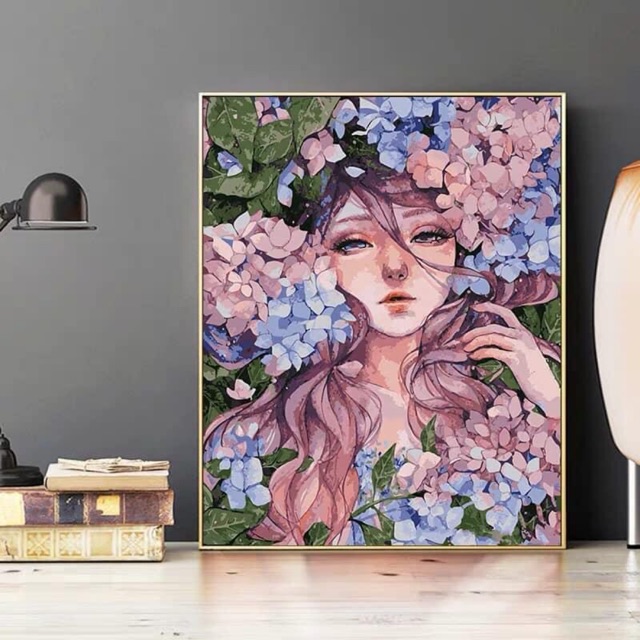 sẴN Tranh số hoá tự tô màu theo số - tranh nàng thơ anime manga thiếu nữ (40X50)