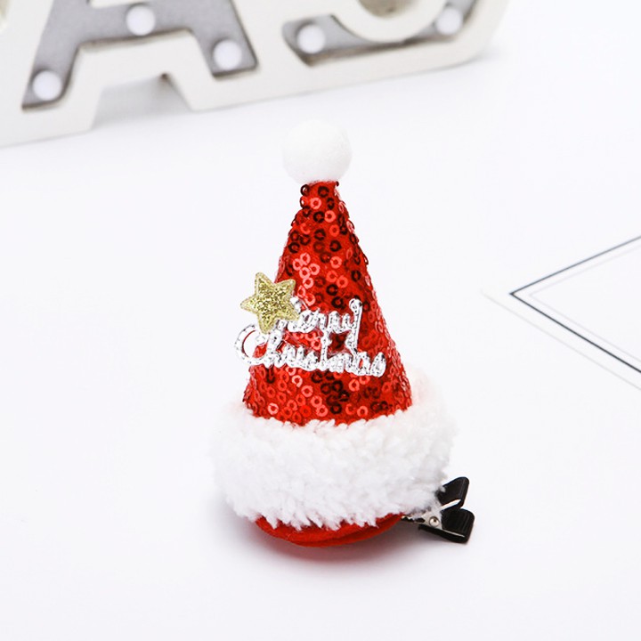 Kẹp tóc hình nón ông già Noel bằng vải vài sequin nhiều họa tiết xinh xắn ngộ nghĩnh BBShine (1pc) – P133