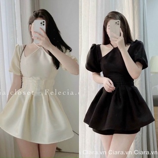 Set tafta đen trắng áo cổ yếm tay bồng/phồng + quần short ngắn, bộ thời trang nữ đi chơi dạo phố dự tiệc sang trọng