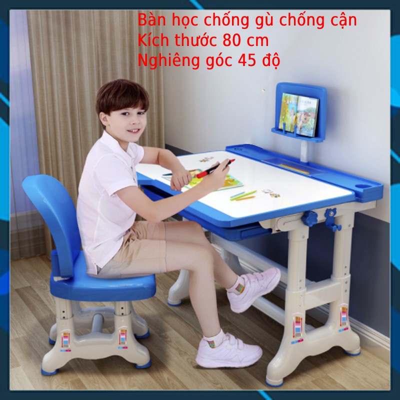 Bộ bàn ghế học sinh chống gù chống cận, bàn học thông minh cho bé kích thước 80 cm điều chỉnh nghiêng góc 45 độ