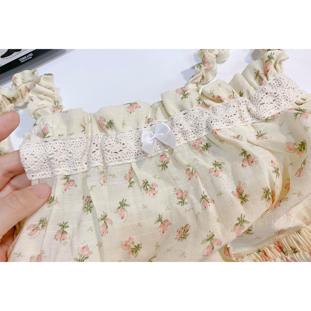 [Ảnh thật] Set 2 dây hoa nhí ngực bèo kèm quần  vải xốp đũi mặc ở nhà