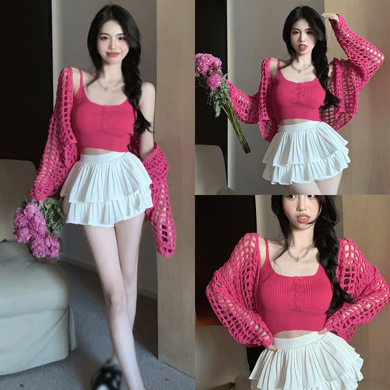 Bộ Áo Khoác Cardigan Dài Tay + Áo Lưới Mỏng Nhẹ Chống Nắng Thời Trang Cho Nữ