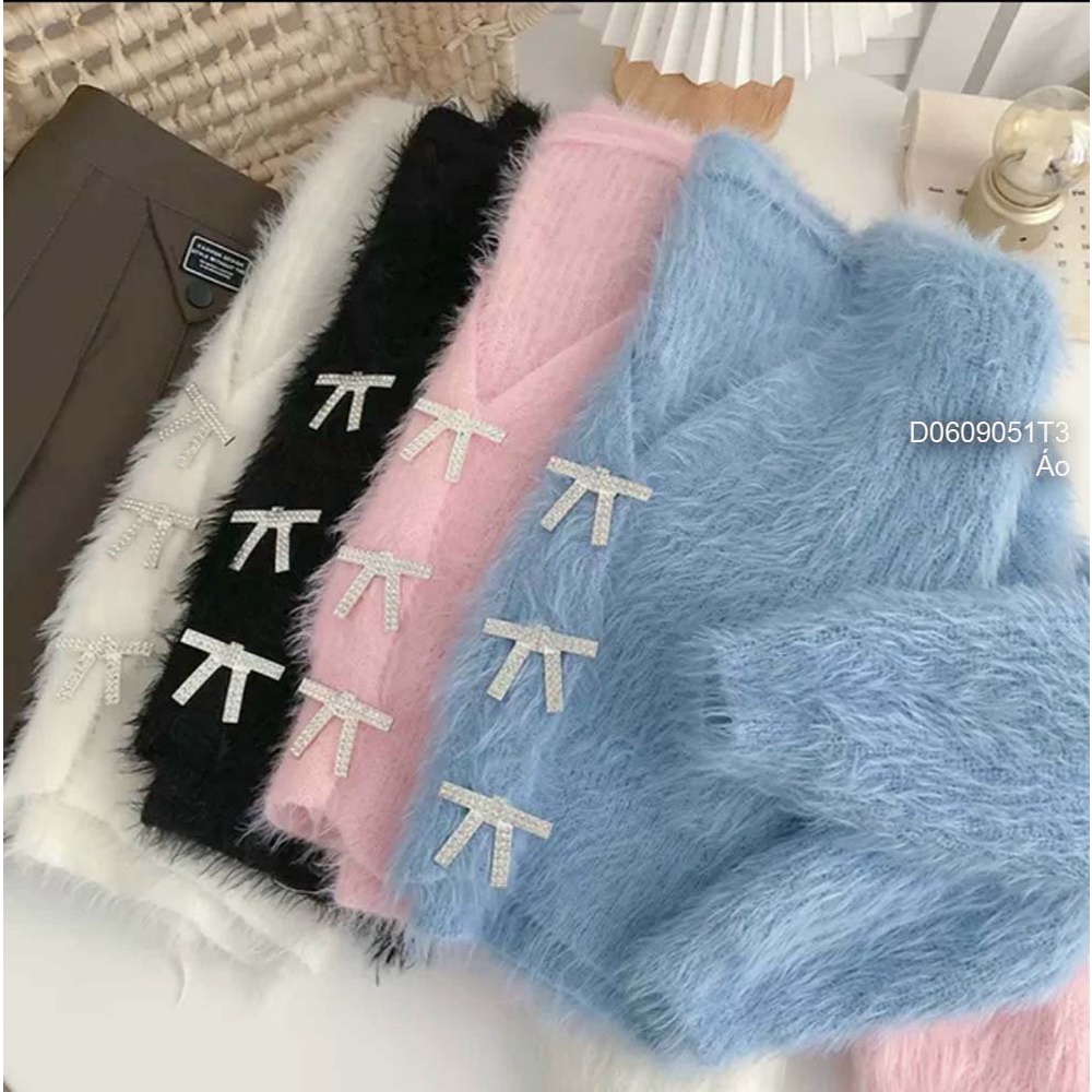 Áo len lông thỏ đính 3 tag nơ đá hàng QC