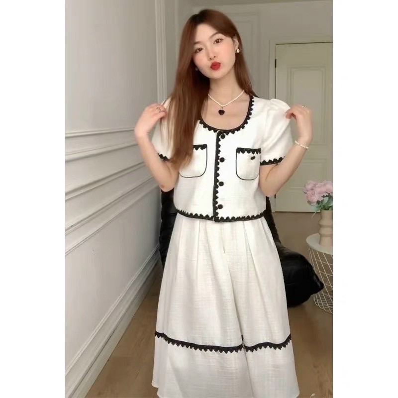 Set áo crop cv midi viền ren