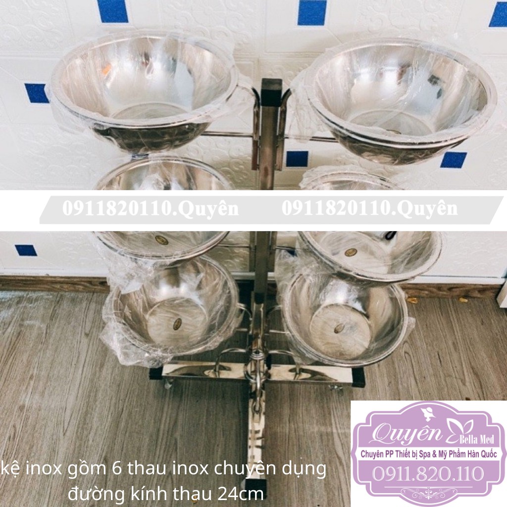 Kệ inox chuyên dụng dành cho spa, sản phẩm kệ inox kèm 6 thau inox, sản phẩm kệ inox kèm 12 thau nhựa thời trang