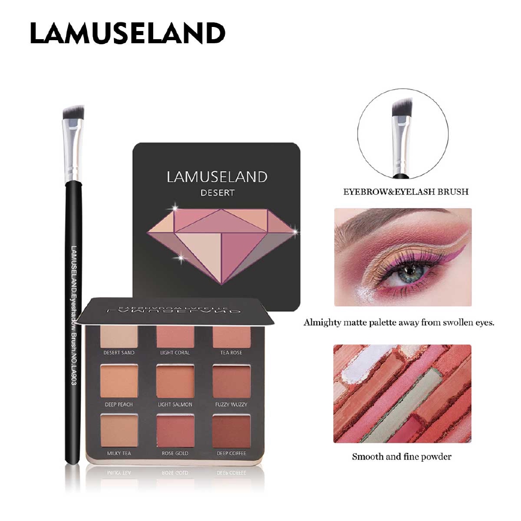 Bảng phấn mắt + cọ LAMUSELAND LAS303 có 9 màu nhũ ánh kim cương và lì 12g