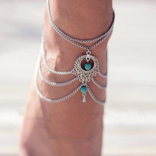 Lắc chân tua rua đính đá ngọc lam phong cách Boho | BigBuy360 - bigbuy360.vn
