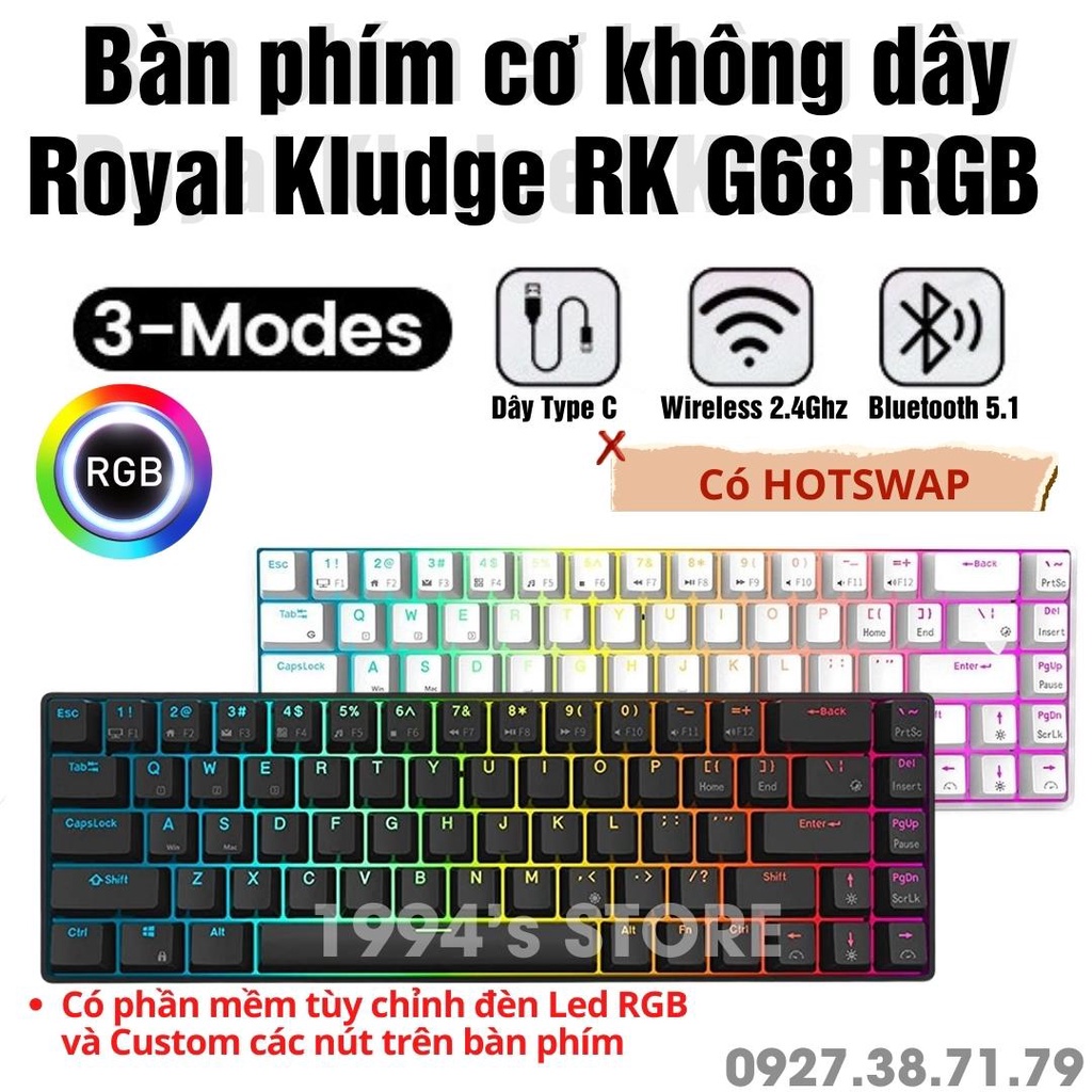 Bàn phím cơ không dây RK G68 Bluetooth 5.1 - Wireless 2.4G - Hotswap - Cable Type C - Led RGB có phần mềm tuỳ chỉnh