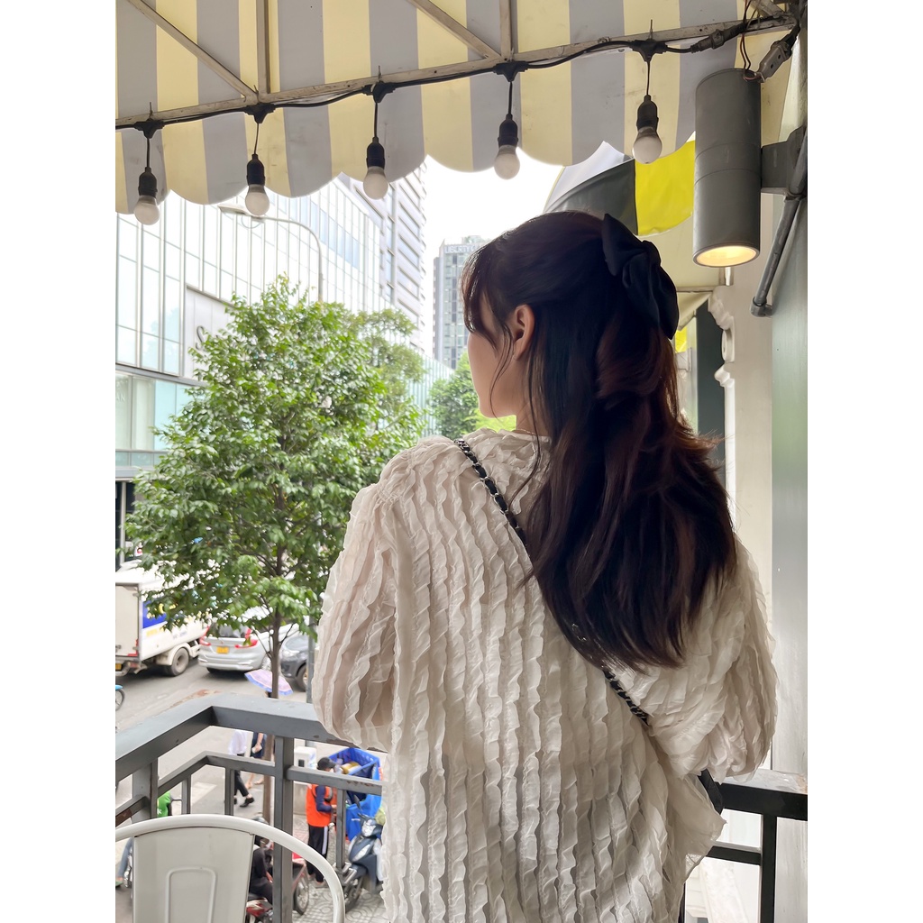 (HÀNG SẴN - ẢNH THÂT) Aó voan tơ nhúng cổ, tay dài. Áo sơ mi cổ tròn 2 màu Be &amp; Đen FREESIZE