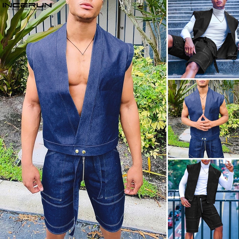 Set trang phục INCERUN áo sát nách và quần đùi denim thời trang dành cho nam