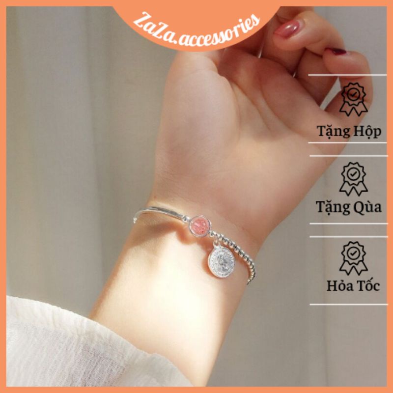 Vòng tay nữ bạc S925 - Lắc tay bạc Ý nữ bi bạc đá dâu hồng hình Penny dễ thương ZaZa.accessories