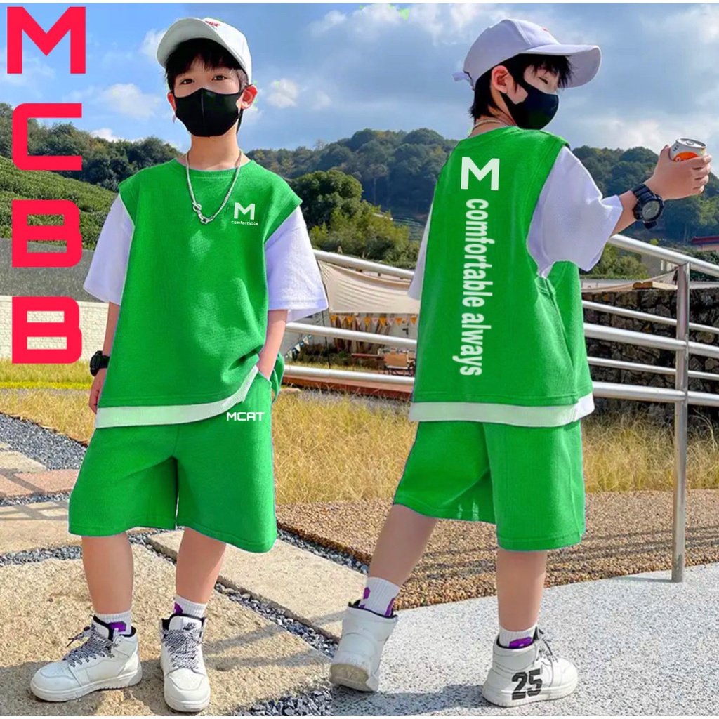 Mcbb 24-49 kg 100% vải cotton đồ bộ bé trai áo phông bé trai cộc tay quần đùi short hiphop bộ quần áo bé trai trẻ em nam