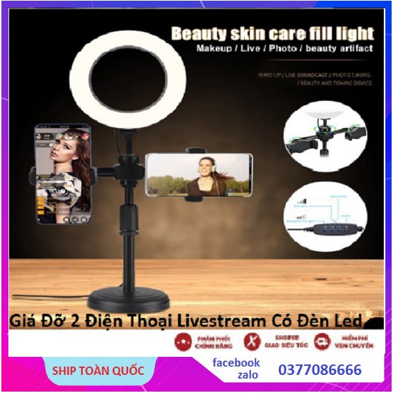 Giá Đỡ 2 Điện Thoại Livestream Có Đèn Led, Kẹp Điện Thoại Để Bàn Quay Video Tiktok Có Đèn Led 3 Màu