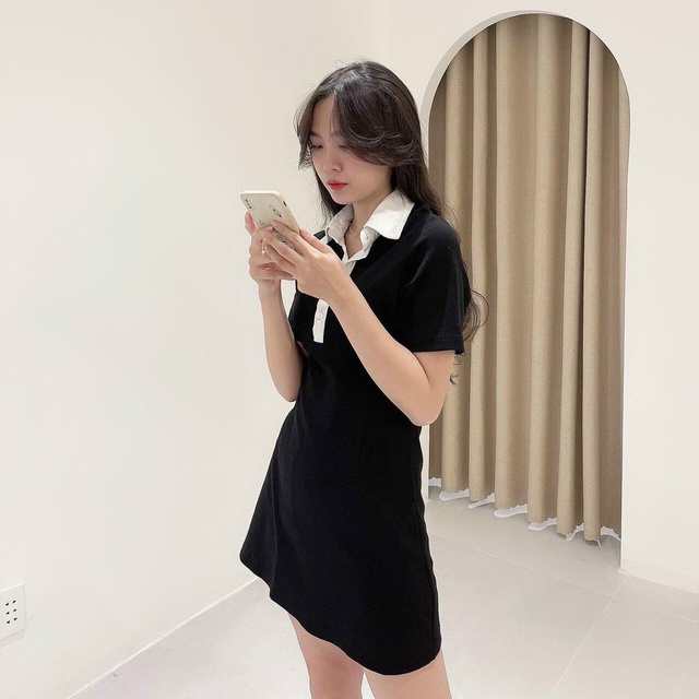 VÁY POLO DÁNG XÒE MÀU ĐEN PHỐI CỔ TRẮNG / ĐẦM POLO CỔ BẺ entyty shop - CN99