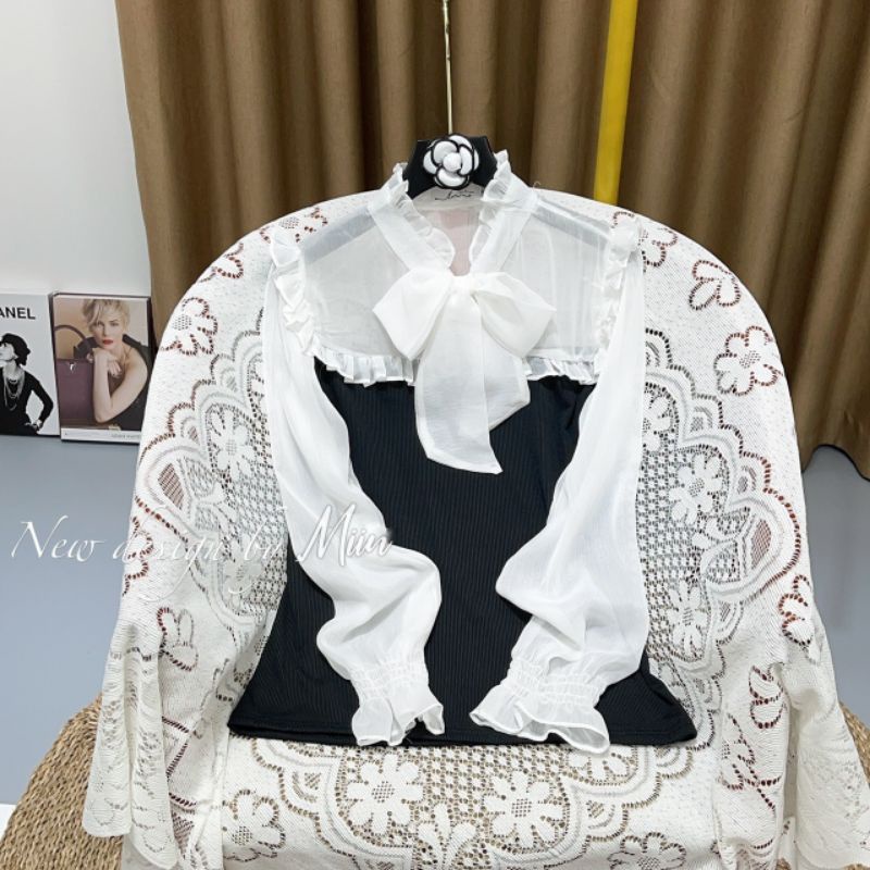 Áo len tăm đen phối cổ nơ | BigBuy360 - bigbuy360.vn