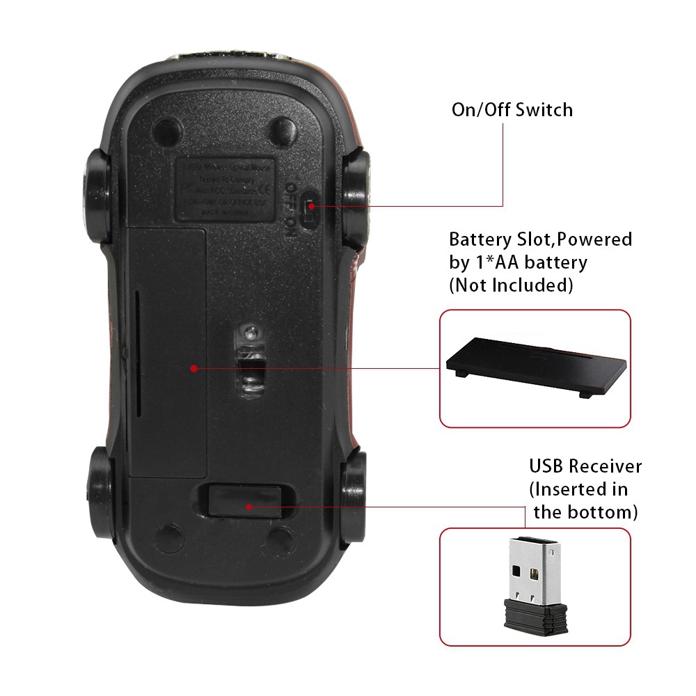 Chuột Quang Gaming Không Dây 2.4G 1600Dpi Chuột Không Dây Mô Hình Ôtô Huqu V3 - Kết Nối Đầu Thu USB
