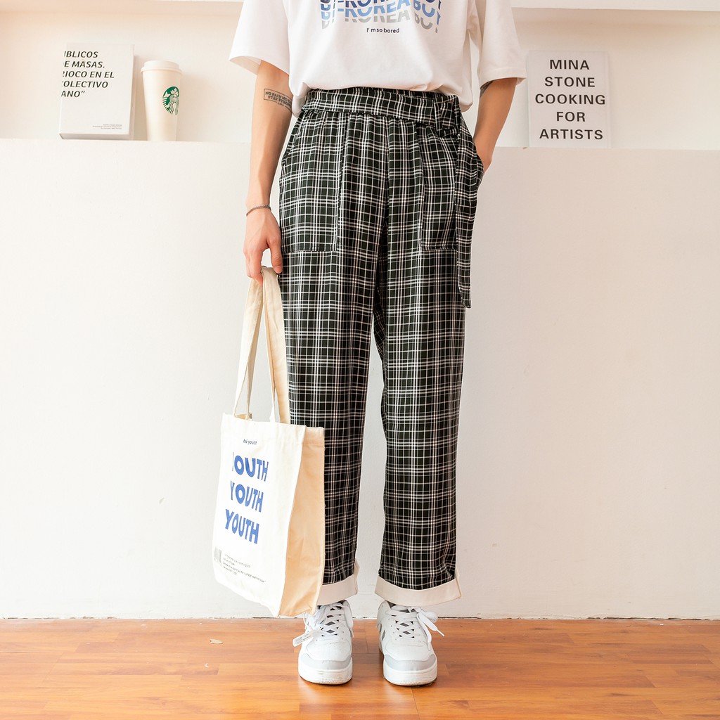 Quần Kaki Nam Dài MANDO Họa Tiết Caro  Đen Kẻ Trắng Form Rộng Túi Hộp Kiểu Dáng Basic Unisex Thời Trang Hàn Quốc QKN044