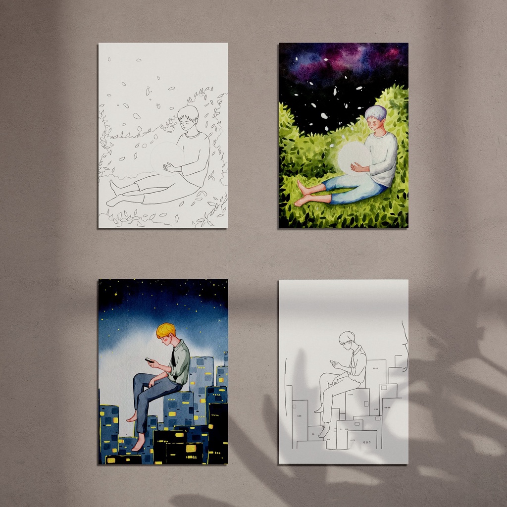 [Tranh họa sĩ] Postcard thiệp tô màu bộ 10 tranh &quot;&quot;Dreamer&quot; của @nguoimo, giấy hạng họa sĩ 300gsm cold press