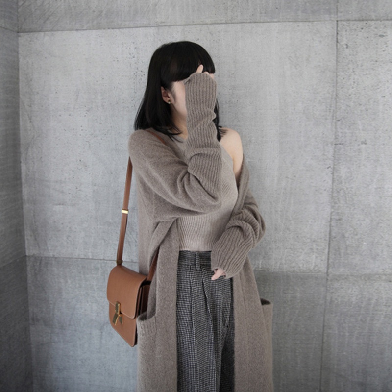 Áo khoác cardigan IELGY dệt kim dáng dài màu đen/ kaki phong cách Hàn Quốc