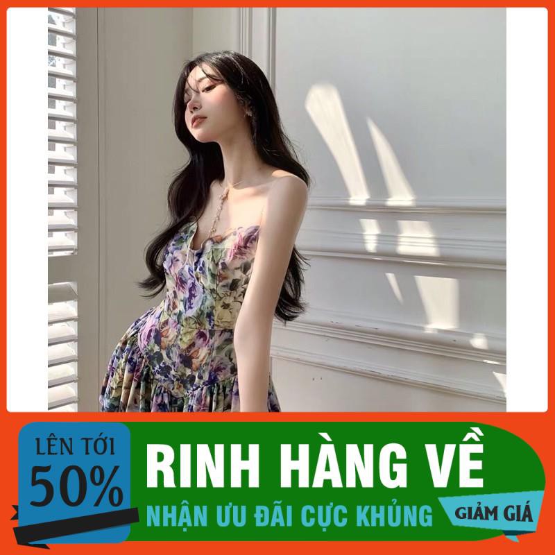 Đầm váy nữ 2 hai dây hoạ tiết hoa xoè xếp ly cổ v sẻ xâu