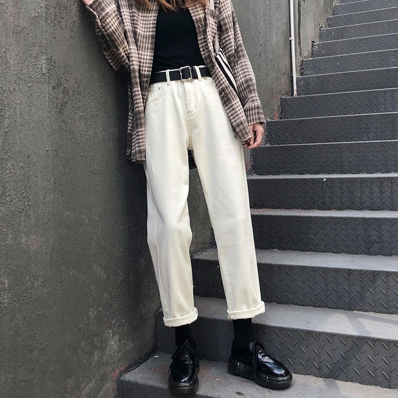 Quần Jeans Nữ Màu Trắng Sữa Dáng Ống Suông Unisex Cạp Cao Phong Cách Ulzzang Hàn Quốc Chất Loại Đẹp