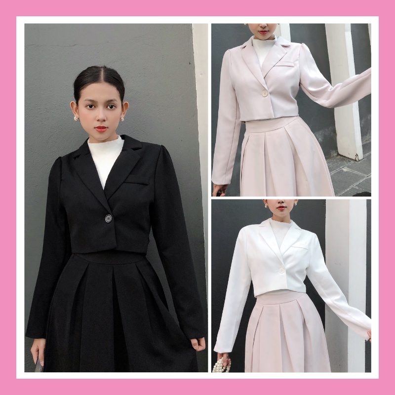 Áo khoác vest blazer croptop dài tay bồng hai lớp dáng ngắn lửng chất tuyết mưa 3 màu đen trắng be trẻ trung ASM06