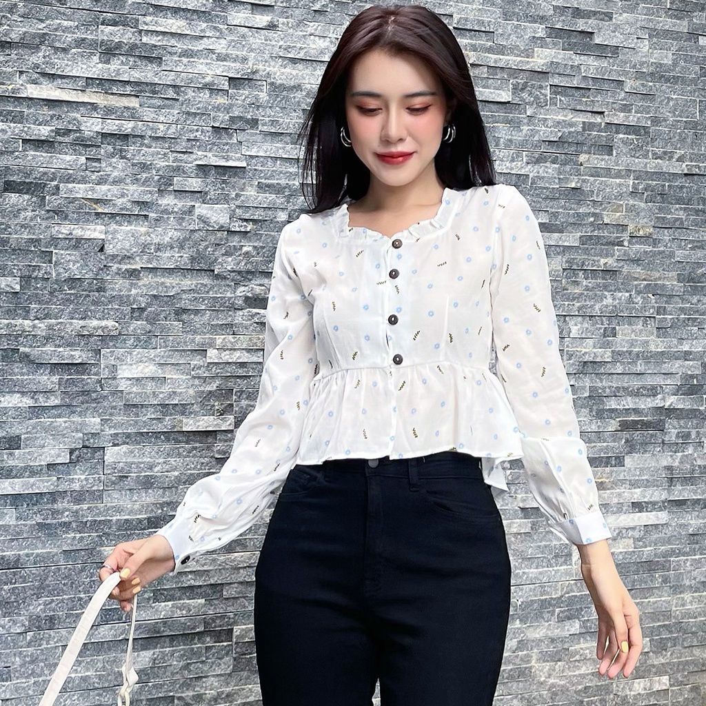Áo Sơ Mi Nữ Tay Dài Có Họa Tiết Dáng Babydoll MIRABOZZI Nút Áo Bằng Gỗ, Chất Liệu Thoáng Mát, Thấm Hút MSHF006